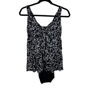 Women's One-Piece Swimsuit Black and White Floral - EUC - 14